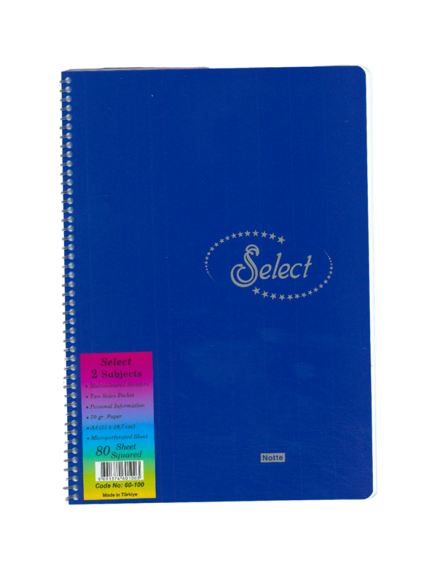 NOTTE Spiralli Kareli 80 Yaprak A4 Select Plastik Kapaklı Defter NOTTE Spiralli Kareli 80 Yaprak A4 Select Plastik Kapaklı Defter